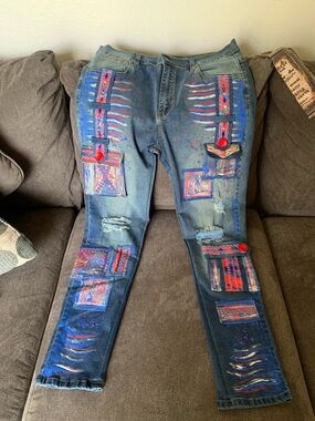 Hand-Painted Blue Denim Jeans with Red & Pink Accents